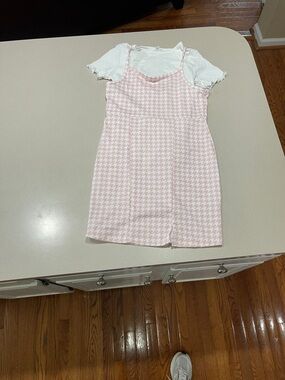 btween Pink Houndstooth Pinafore Dress with White Tee